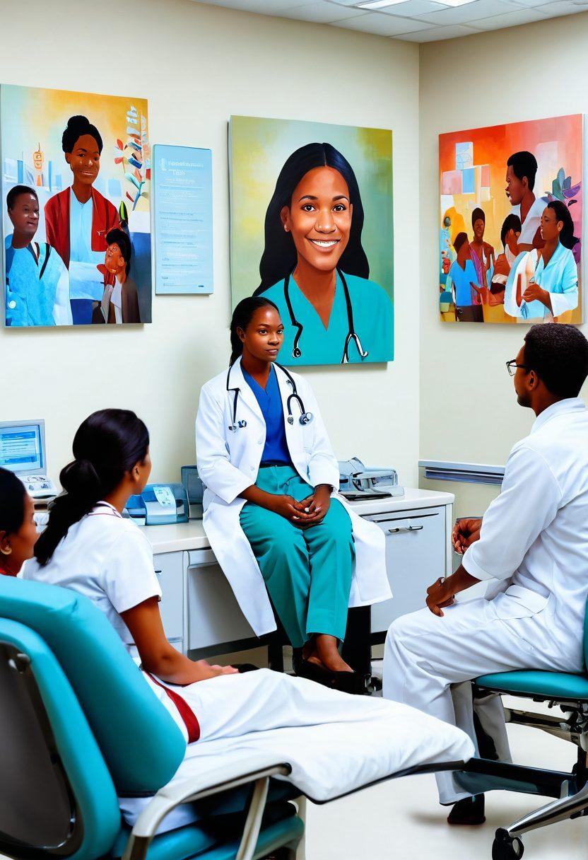 A serene hospital scene depicting a compassionate doctor discussing treatment options with a patient, surrounded by supportive family members. Include visuals of advanced medical equipment and a wall adorned with art that represents hope and healing. Envision a bright, soothing color palette that conveys comfort and empowerment. super-realistic. vibrant colors. white background.