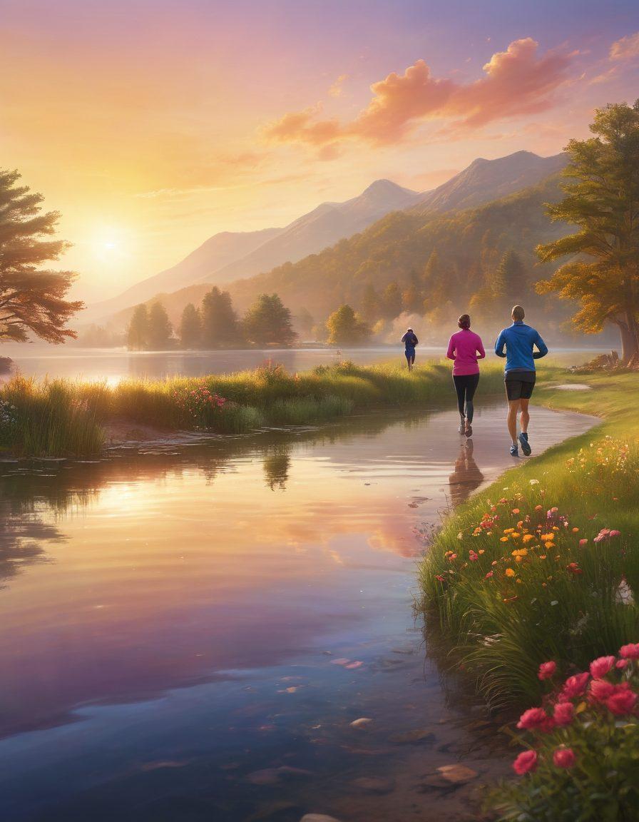 A serene landscape featuring a diverse group of cancer survivors, each engaged in different activities symbolizing empowerment and health: one is jogging, another meditating by a lake, while a couple is preparing healthy meals together. The background showcases a bright sunrise, representing hope and new beginnings. The overall atmosphere conveys strength, community, and resilience. vibrant colors. super-realistic.